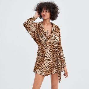 Zara Leopard Long Sleeve Tie Front Romper